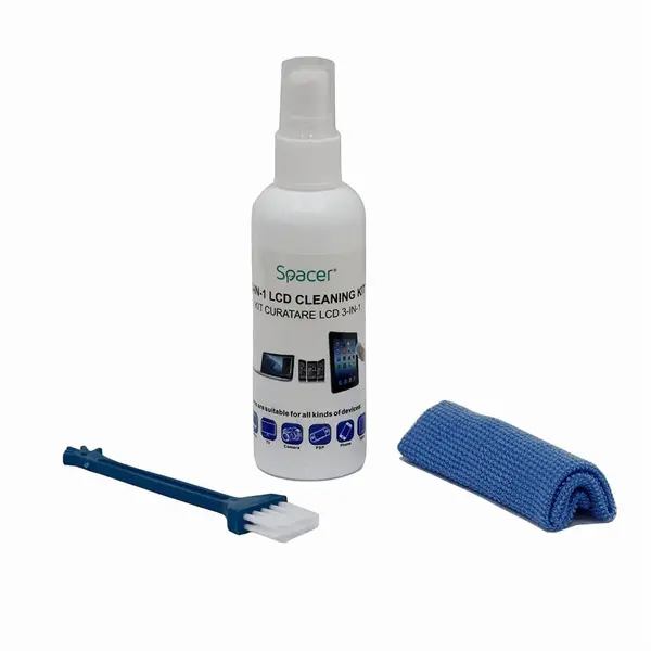 Set de curatare LCD 3-in-1 Spacer cu solutie 100 ml laveta si perie Set de curatare LCD 3-in-1 Spacer cu solutie 100 ml laveta si perie