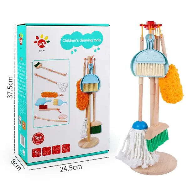 Set de Curatenie in lemn pentru copii - Matura, Stativ si Accesorii