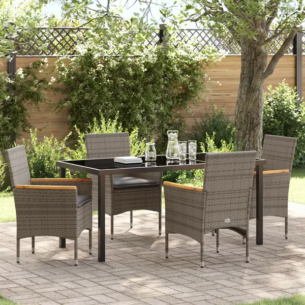 Set de dining pentru gradina cu 5 piese cu perne gri din ratan poliester, masa de gradina Gossi neagra 160x80x73 cm cu sticla securizata