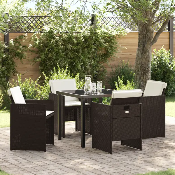 Set de dining pentru gradina Gossi 5 piese cu perne maro poli-ratan, masa de gradina Gossi neagra 80x80x73 cm sticla securizata