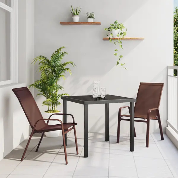 Set de dining pentru gradina Gossi cu 3 piese maro textil si otel, masa gradina Gossi neagra 80x80x73 cm sticla intarita