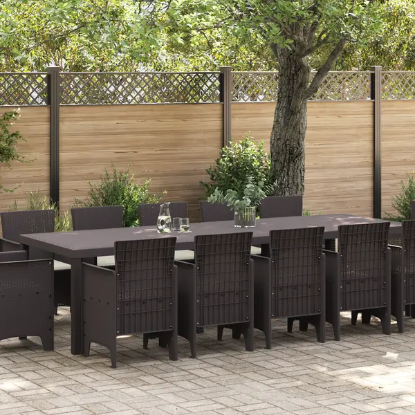 Set de dining pentru gradina Gossi de 13 bucati cu perne maro poliratan, masa de gradina Gossi maro 150x100x73 cm poliratan, scaune de gradina Gossi cu perne 4 bucati maro poliratan
