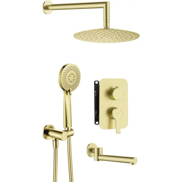 Set de dus Deante Arnika baterie incastrata si pipa cada pivotanta, auriu periat