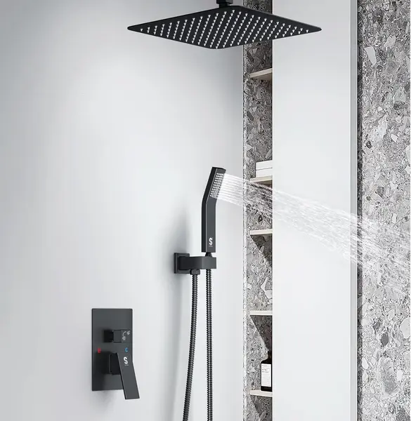 Set de dus incastrat cu para patrata de 25 cm, negru mat sau gri, cu 2 functii de curgere a apei
