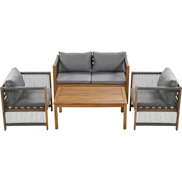 Set de grădină din rattan sintetic cu perne confortabile, canapea dublă, 2 fotolii și masă pentru exterior din acacia, Gri