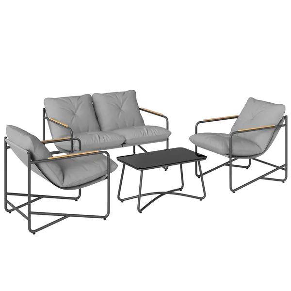 Set de Grădină Outsunny cu Canapea, 2 Fotolii și Măsuță cu Blat din Sticlă, Mobilier de Exterior cu Perne Groase, Gri Deschis | Aosom Romania