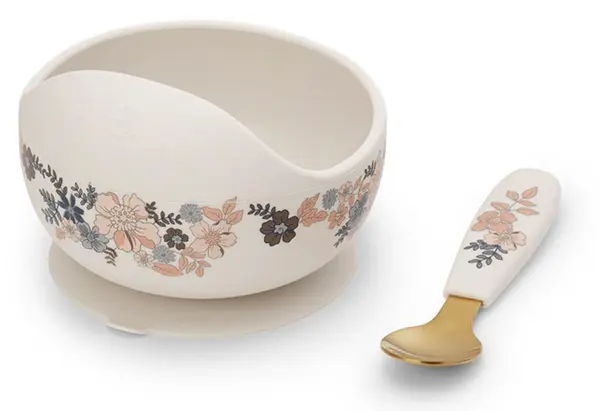 Set de hrănire din silicon Elodie - Bol și lingură, Blue Garden
