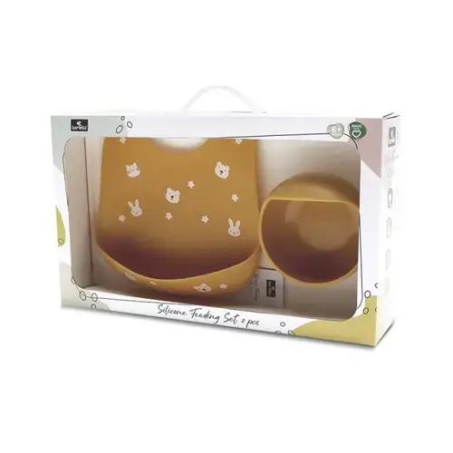 Set de hranire din silicon natural Lorelli, contine bol cu vacuum si baveta, 6 luni+, Galben