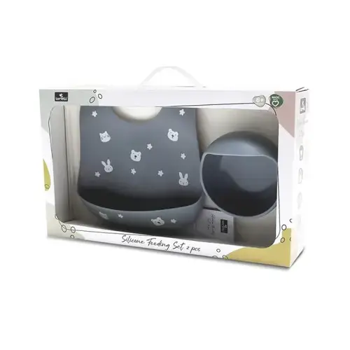 Set de hranire din silicon natural Lorelli, contine bol cu vacuum si baveta, 6 luni+, Gri