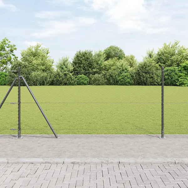 Set de imprejmuire Gossi hexagonal gri 0.8x50 m din otel, stalpi de imprejmuire Gossi cu placi de baza 13 buc Ø32mm 90cm din otel galvanizat