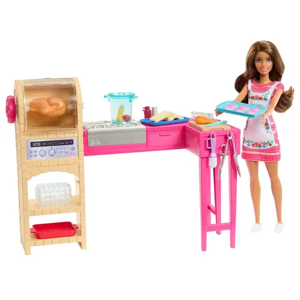 Set de joaca Bucataria lui Barbie si Teresa cu papusa si 20 piese