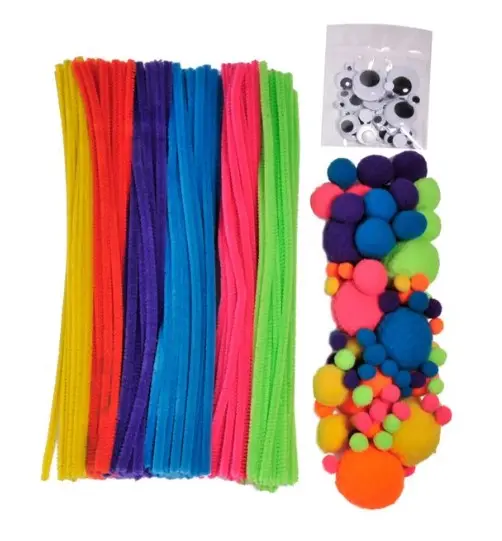 Set de joaca creativ cu pompoane, ochisori si bete, Multicolor