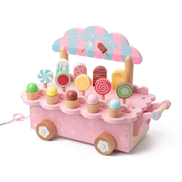 Set de joaca cu camion de inghetata din lemn - vehicul si 9 inghetate