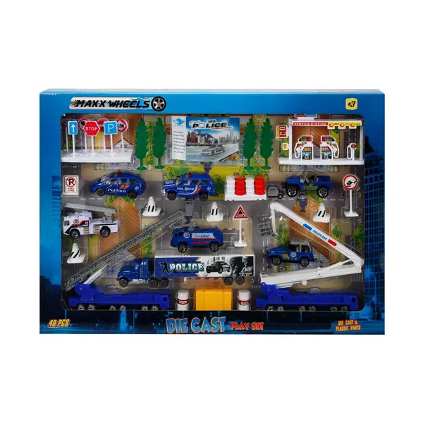 Set de joaca cu vehicule, Maxx Wheels, Politie, 40 piese, 1:87