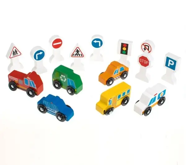 Set de joaca din lemn cu semne de circulatie si 6 vehicule, 15 piese, +12 luni