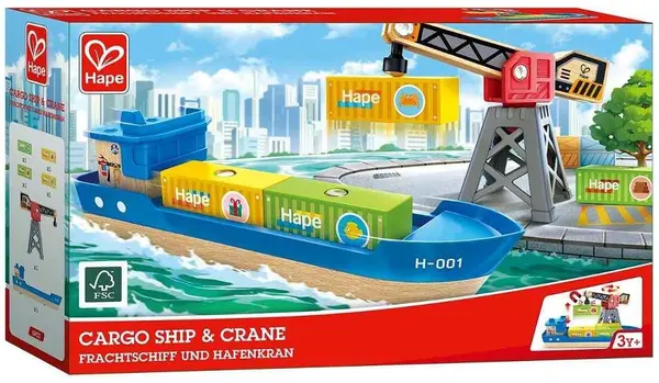 Set de joc Hape International - Navă de marfă și macara