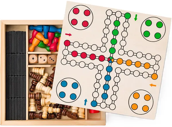 Set de jocuri magnetic 4 în 1 – Șah, Dame, Domino, Nu te supăra, frate și 6 zaruri