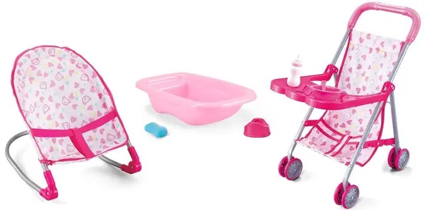 Set de jucărie Raya Toys - Căruță, cadă și șezlong pentru păpuși