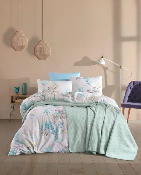Set de lenjerie de pat din 4 piese cu pătură Rakla - Mint, bumbac ranforce