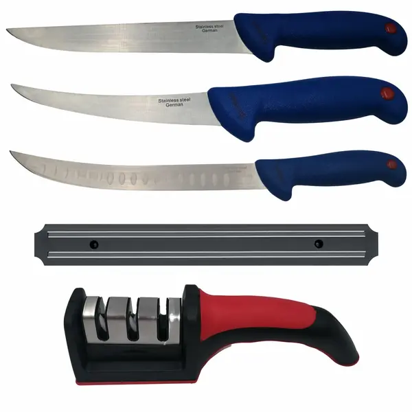 Set de macelarie DEPOX , cutit bucatarie, filetat, suport magnetic si ascutitoare, otel inoxidabil