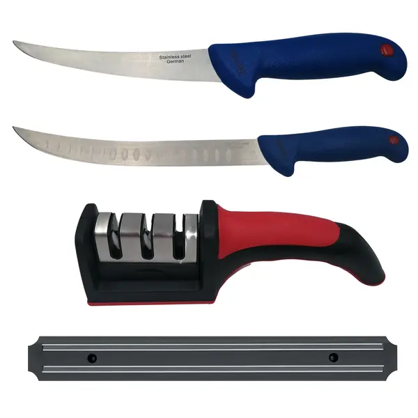 Set de macelarie DEPOX , filetat, cutitul bucatarului, ascutitoare si suport magnetic, otel inoxidabl