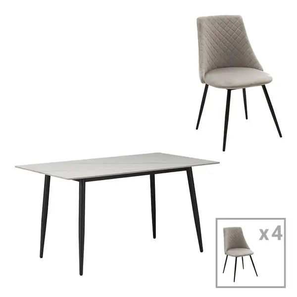 Set de Masa de dining Gustas-Giselle, 5 piese, marmura Alba pietruita-negru metalic, 120x80x75 cm