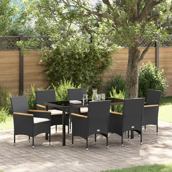 Set de mese pentru gradina cu 7 piese si perne din poliratan negru Gossi, masa de gradina Gossi neagra 160x80x73 cm din sticla securizata