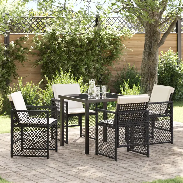 Set de mese pentru gradina Gossi 5 piese cu perne negru din poly rattan, masa de gradina Gossi neagra 80x80x73 cm din sticla securizata