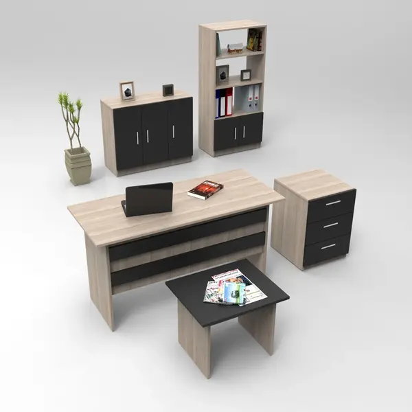 Set de mobilier de birou Barsto, Alb - Nuc - Stejar, 5 piese Elegante, 140x60x74 cm
