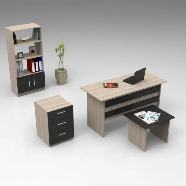 Set de mobilier de birou Clabber, Alb - Stejar - Nuc, 4 piese Biblioteca - Birou - Masa - Rollbox, 140x60x74 cm