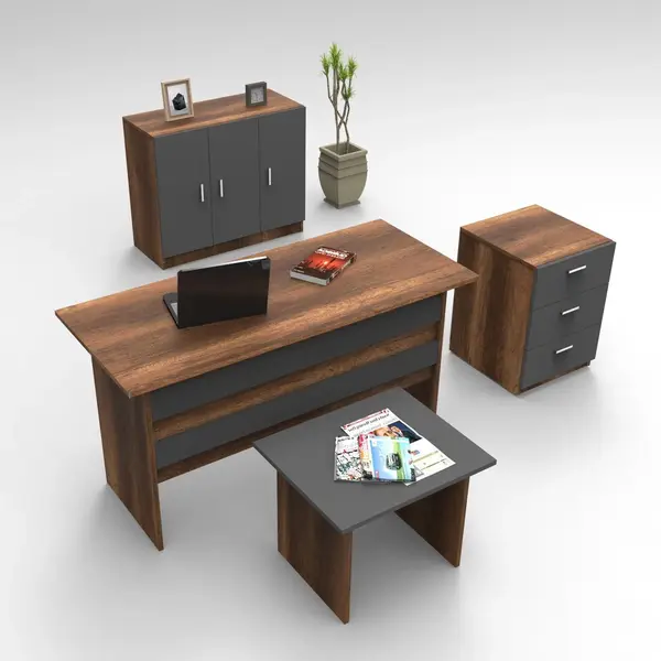 Set de mobilier de birou Torrens, Alb - Nuc - Stejar, 4 Piese, Birou - Biblioteca - Rollbox - Masuta, 140x60x74 cm
