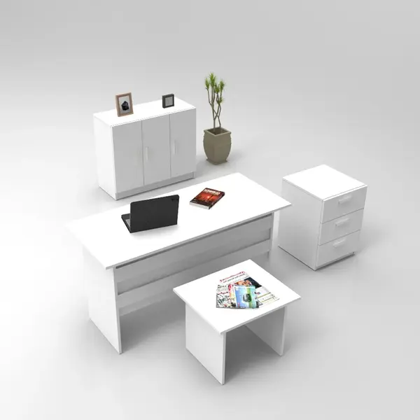 Set de mobilier de birou Torrens, Alb - Nuc - Stejar, 4 Piese, Birou - Biblioteca - Rollbox - Masuta, 140x60x74 cm