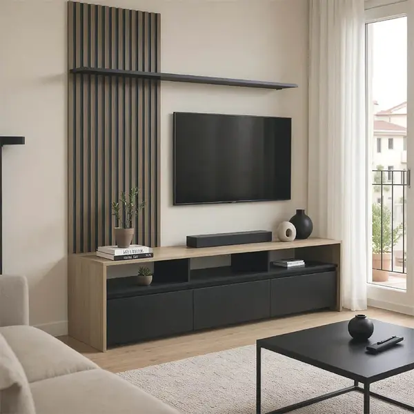 Set de mobilier living cu rafturi Delfina și metal, Sonoma - Negru, 190x40x199 cm