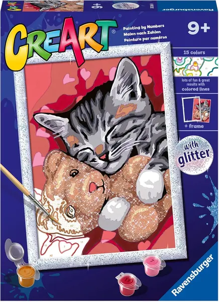 Set de pictură pe numere Ravensburger CreArt -Pisicuță și ursuleț de pluș