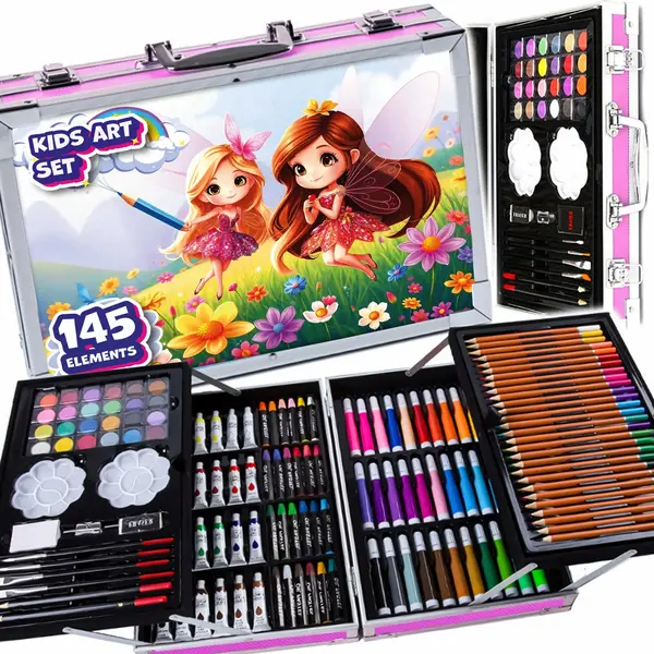 Set de pictura si desen NewEvo pentru copii, 145 de piese, Creioane colorate, Creioane cerate, Markere, Vopsele, Radiera si multe alte accesorii,