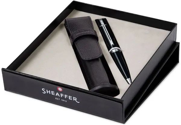 Set de pixuri Sheaffer 300 - Glossy Black With Chrome Trim, cu husă pentru stilou
