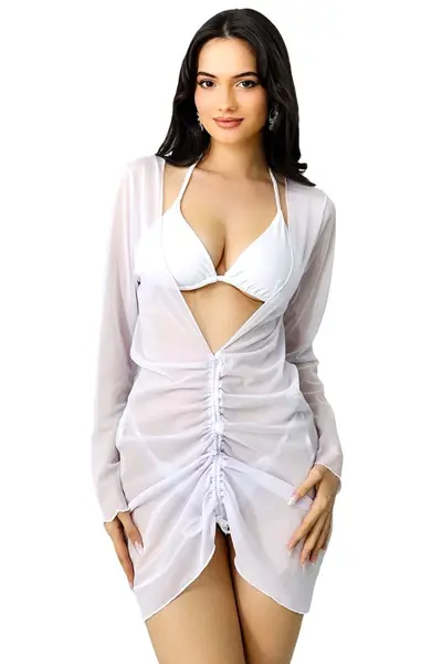 Set de plaja trei piese Ameline, costum de baie reglabil si rochie cu snur reversibil, Alb