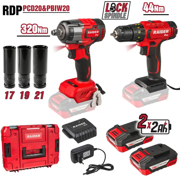 Set de scule și accesorii Raider - R20, 2 mașini, 2x2Ah