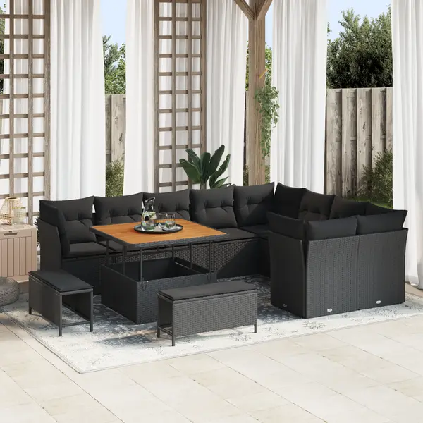 Set de sofa de gradina Gossi 12 piese cu perne negru poli ratan acacia, set de dining de gradina Gossi 3 piese cu perne negru poli ratan acacia