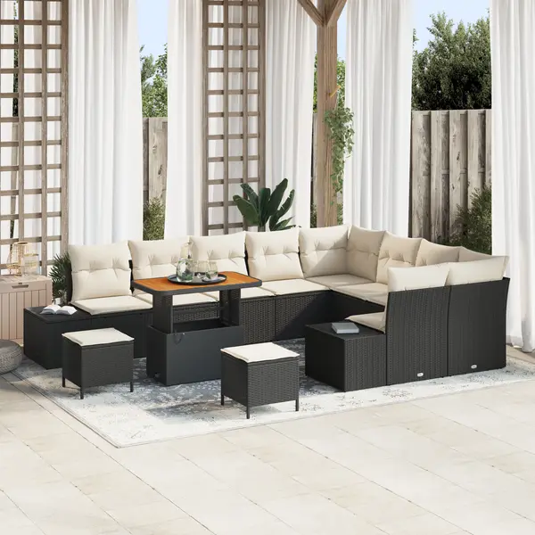 Set de sofa de gradina Gossi 12 piese cu perne negru poliratan acacia, set de mese de gradina Gossi 3 piese cu perne negru poliratan acacia, sofa de gradina Gossi pentru 2 persoane cu perne negru poliratan