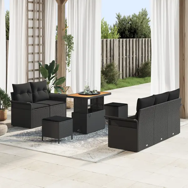 Set de sofa de gradina Gossi 8 piese cu perne negru poliratan acacia, sofa de gradina Gossi pentru 2 persoane cu perne negru poliratan, set de cina de gradina Gossi 3 piese cu perne negru poliratan acacia