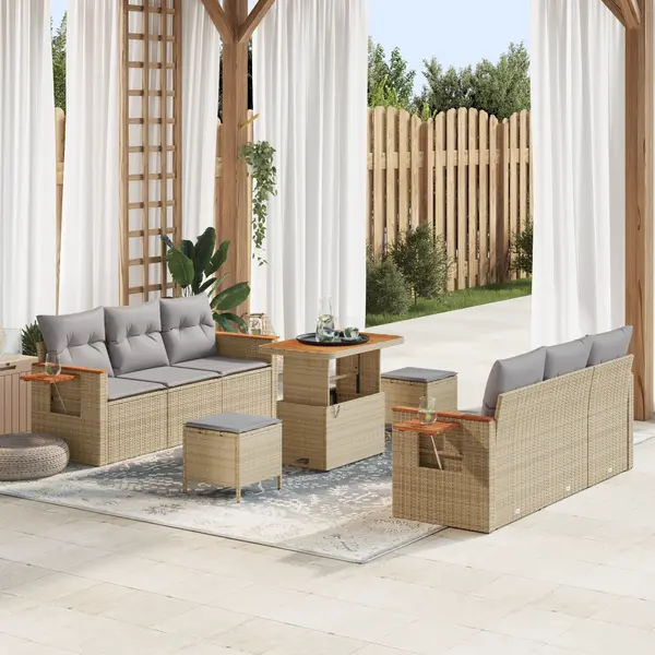 Set de sofa de gradina Gossi 9 piese cu perne bej poliratan acacia, set de dining de gradina Gossi 3 piese cu perne bej poliratan acacia