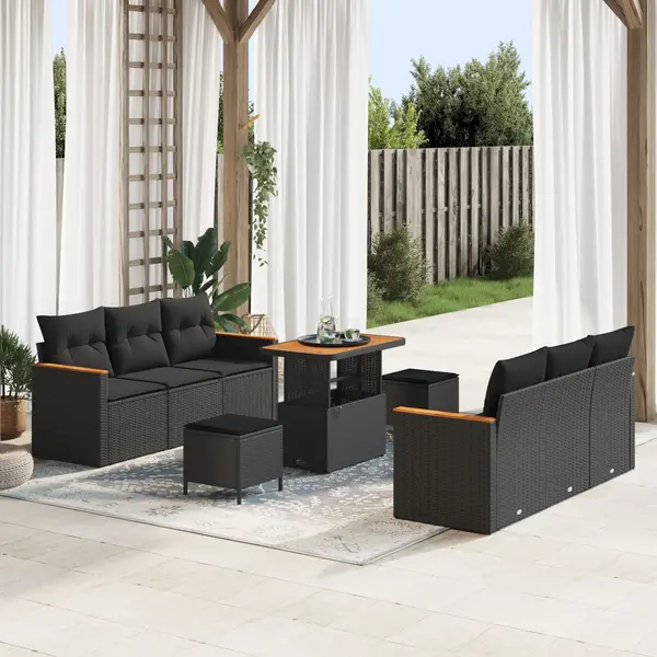 Set de sofa de gradina Gossi 9 piese cu perne negru poliratan, set de dining de gradina Gossi 3 piese cu perne negru poliratan