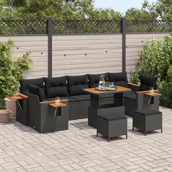 Set de sofa de gradina Gossi cu 10 piese cu perne ratan poly negru acacia, set de dining de gradina Gossi cu 3 piese cu perne ratan poly negru acacia