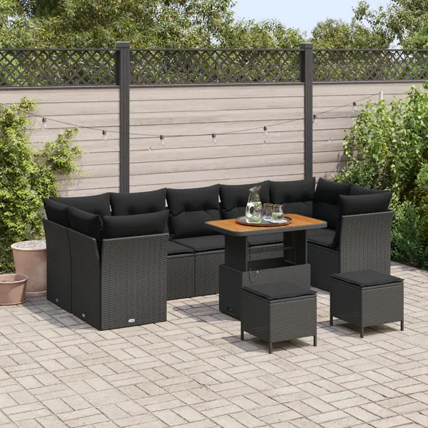 Set de sofa de gradina Gossi cu 10 piese si perne negru poliratan acacia, set de dining pentru gradina Gossi cu 3 piese si perne negru poliratan acacia