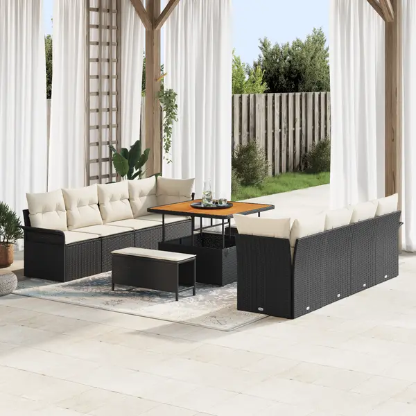Set de sofa de gradina Gossi cu 11 piese si perne ratan negru acacia, set de sofa de gradina Gossi cu 2 piese si perne ratan negru, set de dining cu 3 piese pentru gradina cu perne ratan negru acacia