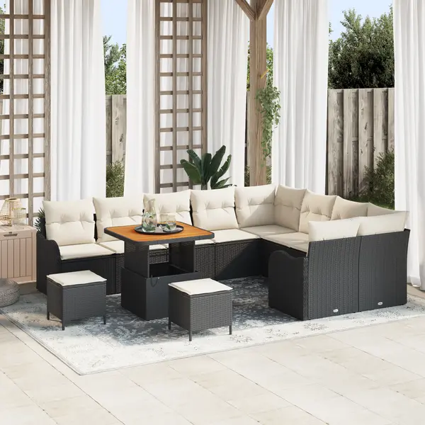 Set de sofa de gradina Gossi cu 12 piese cu perne ratan sintetic negru acacia, set de dining de gradina Gossi cu 3 piese cu perne ratan sintetic negru acacia, sofa de gradina cu 2 locuri Gossi cu perne ratan sintetic negru