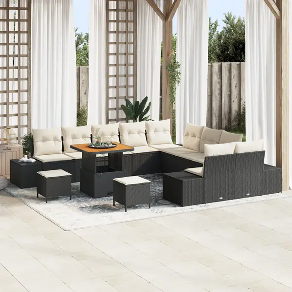 Set de sofa de gradina Gossi cu 13 piese si perne negre din poliratan acacia, sofa de gradina Gossi cu 2 locuri si perne negre din poliratan, set de dining pentru gradina Gossi cu 3 piese si perne negre din poliratan acacia