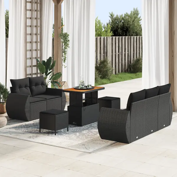 Set de sofa de gradina Gossi cu 8 piese cu perne negru poli ratan acacia, set de dining de gradina Gossi cu 3 piese cu perne negru poli ratan acacia