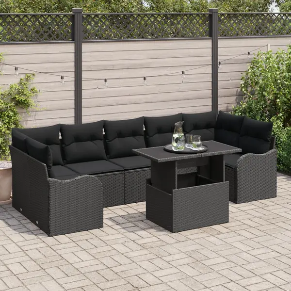 Set de sofa de gradina Gossi cu 8 piese si perne negru poli ratan, sofa de gradina cu 2 locuri si spatiu de stocare & perne negru poli ratan